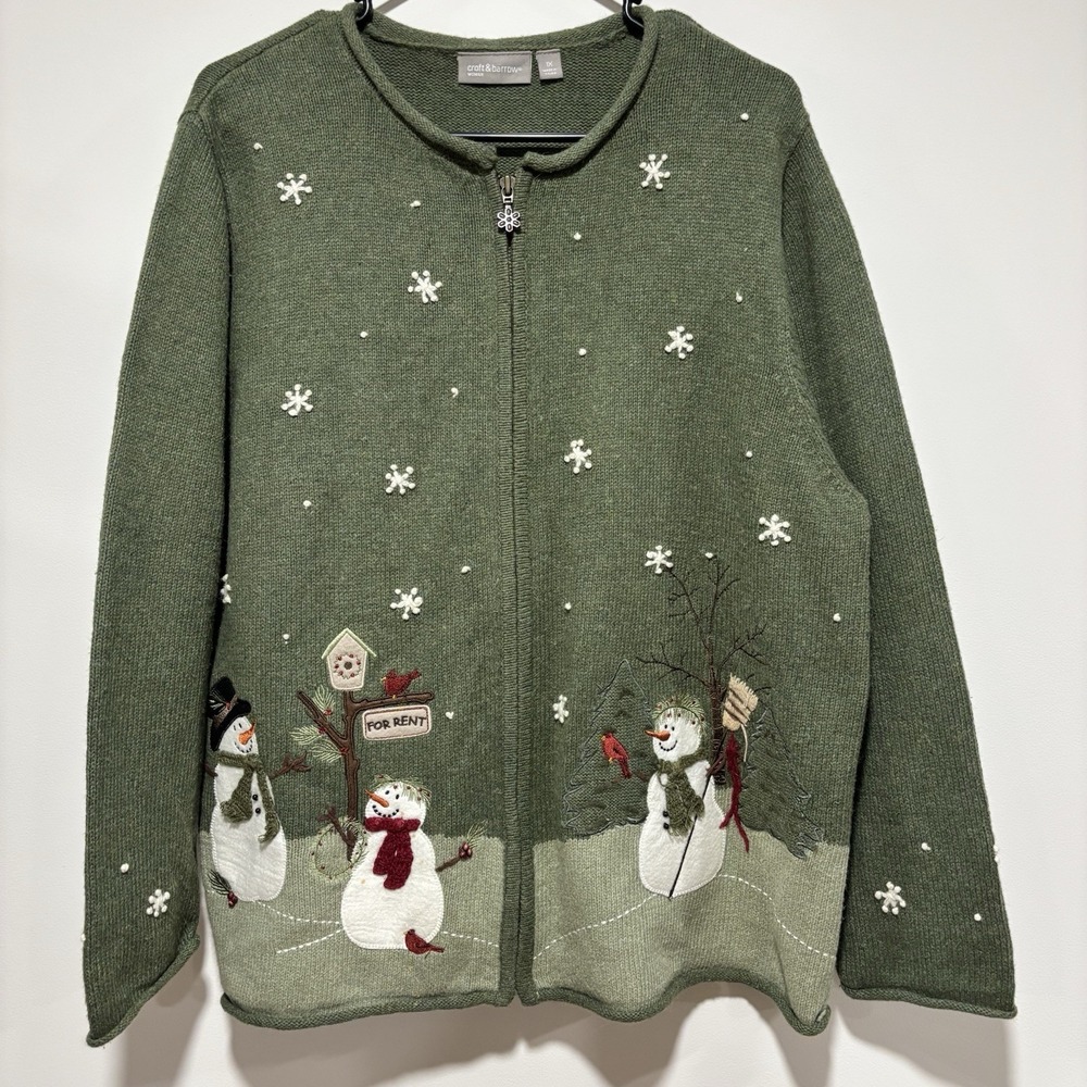 Croft &‎ Barrow Cardigan Sweater 1x Green Wool Angora Blend Full Zip Snowmen